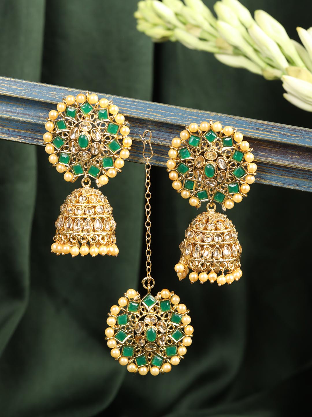 Buy Attractive Pink and Green Kemp Stone Nagas Jhumkas Indian Jewellery  Design Online