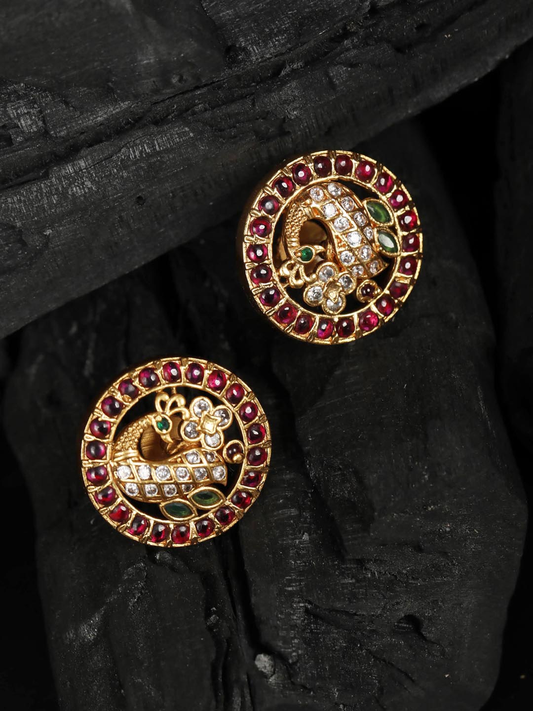 Priyaasi Women American Diamond Kemp Stones Maroon Gold Plated Peacock Stud Earrings - Distacart