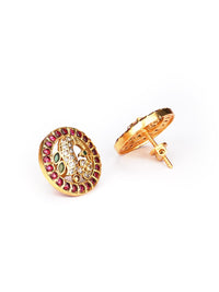 Thumbnail for Priyaasi Women American Diamond Kemp Stones Maroon Gold Plated Peacock Stud Earrings - Distacart