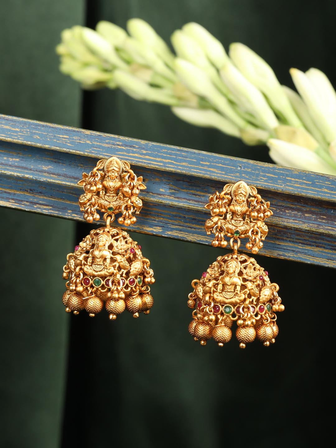 Buy Pink Gold Tone Temple Earrings With Ear Chains Online at Jaypore.com