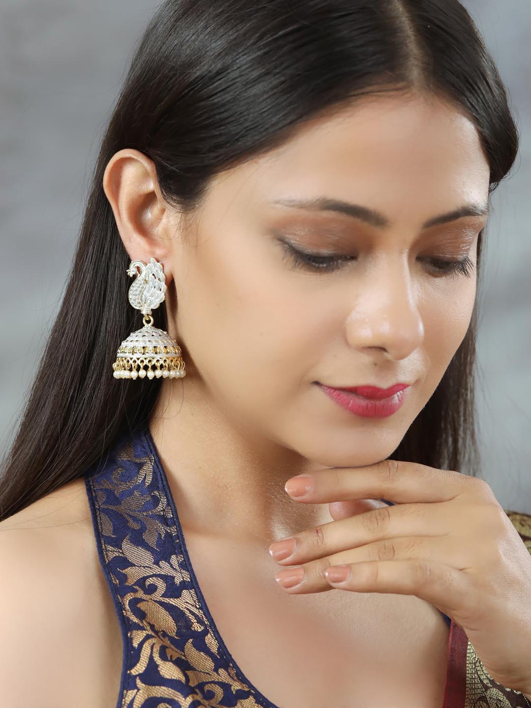Buy Priyaasi Women Grey Gold Plated Peacock Jhumka Earrings Online