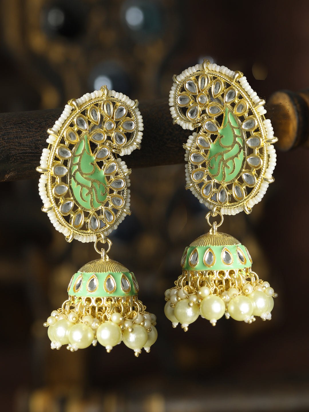 Priyaasi Women Green Kundan & Pearl Peacock Jhumka Earrings - Distacart