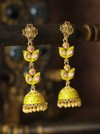 Thumbnail for Priyaasi Women Yellow Gold Plated Meenakari Floral Jhumka - Distacart