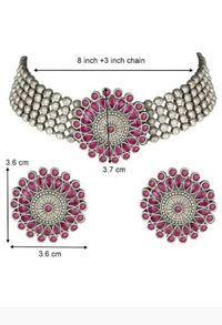 Thumbnail for Mominos Fashion Johar Kamal Oxidised Silver-Plated Brass Finish Kundan Choker For Women (Pink) - Distacart