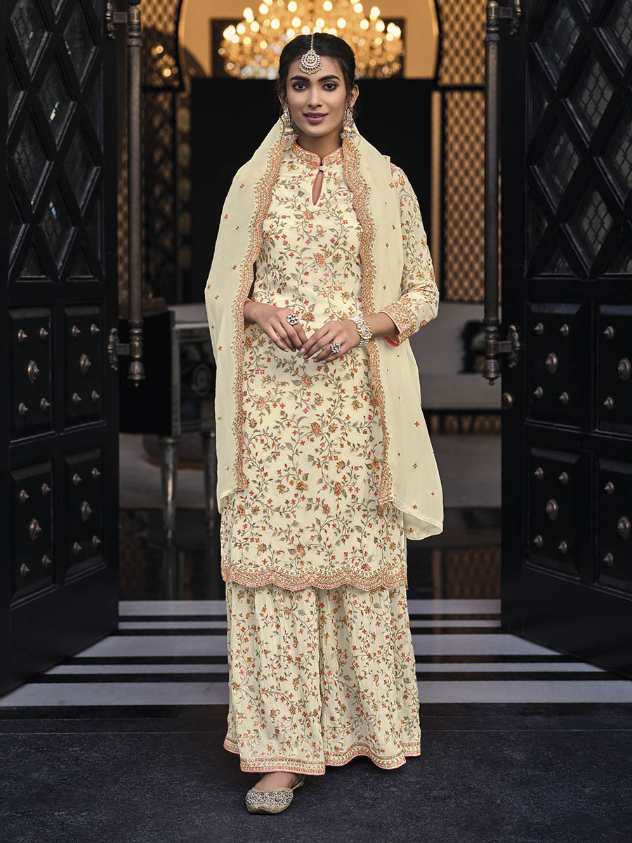 Myra Off White Chinon with Georgette Embroidered Palazzo Suit - Distacart
