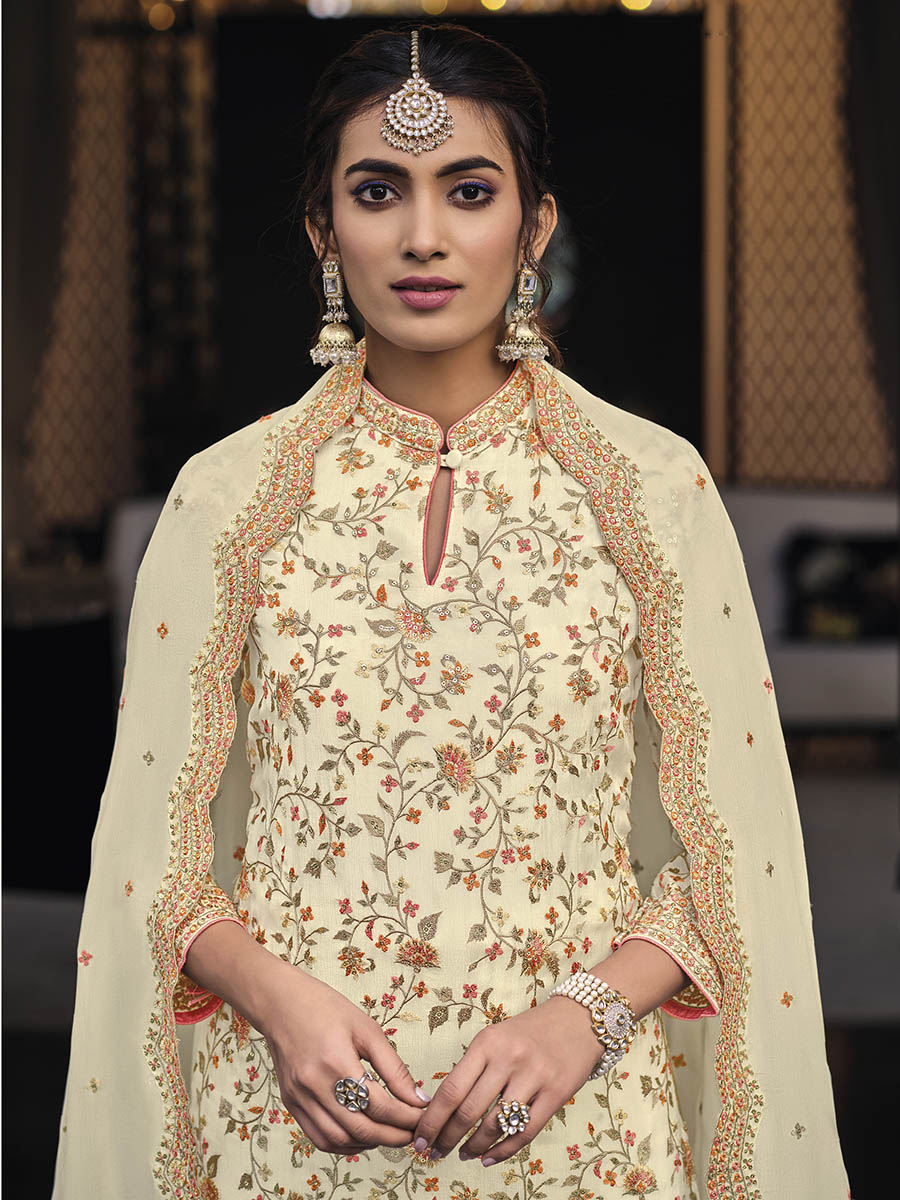 Myra Off White Chinon with Georgette Embroidered Palazzo Suit - Distacart