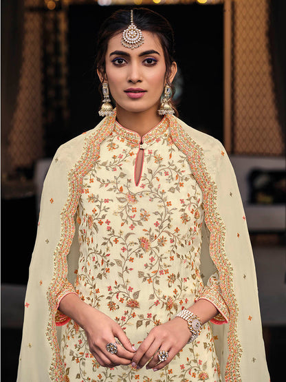 Myra Off White Chinon with Georgette Embroidered Palazzo Suit - Distacart