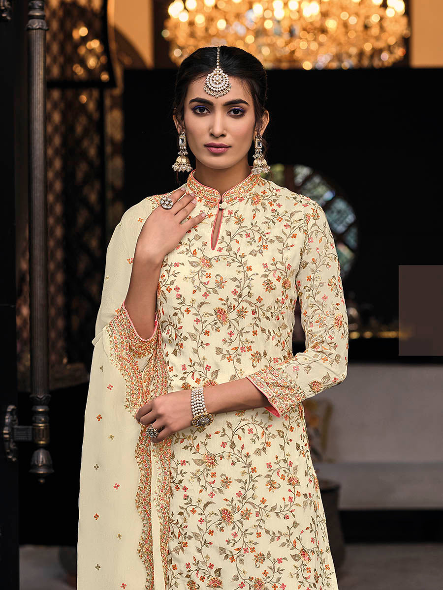 Myra Off White Chinon with Georgette Embroidered Palazzo Suit - Distacart