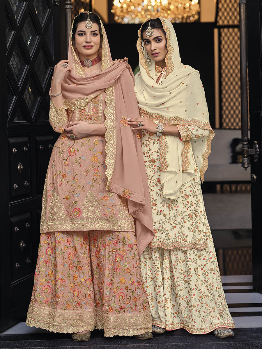 Myra Off White Chinon with Georgette Embroidered Palazzo Suit - Distacart