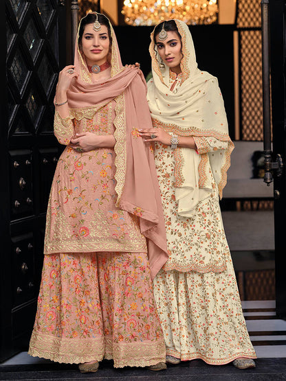 Myra Off White Chinon with Georgette Embroidered Palazzo Suit - Distacart