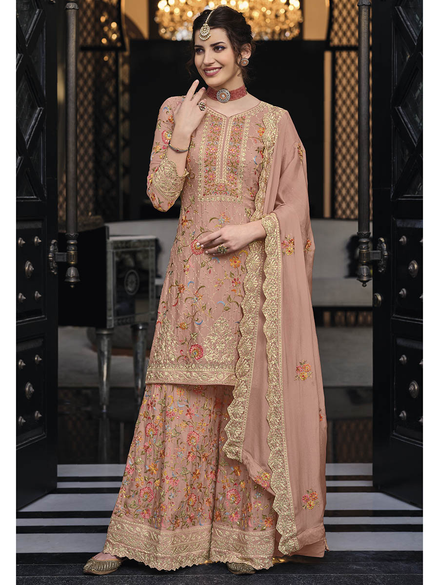 Myra Dusty Peach Chinon with Georgette Embroidered Palazzo Suit - Distacart