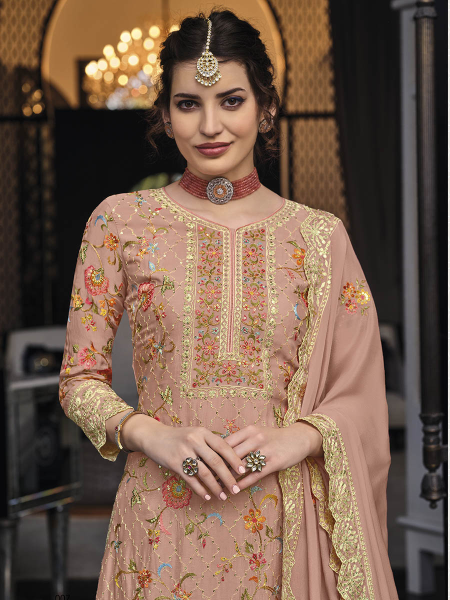 Myra Dusty Peach Chinon with Georgette Embroidered Palazzo Suit - Distacart