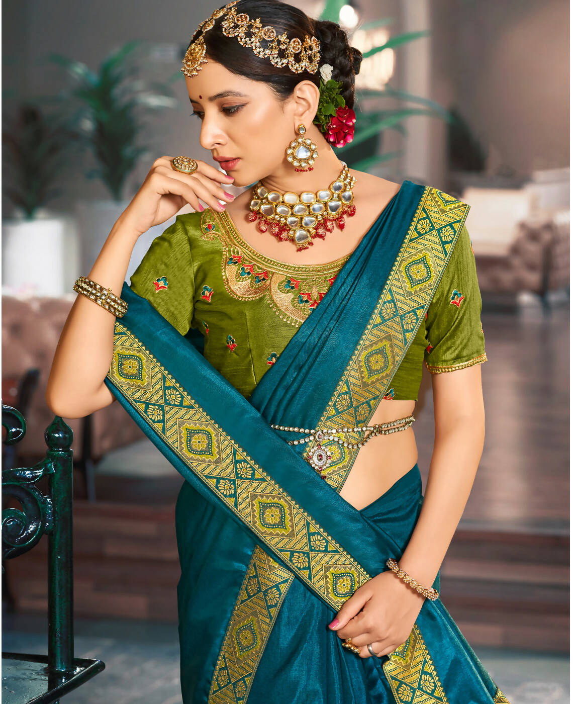 Teal Solid Vichitra Saree With Unstitched Blouse Piece - Selena - Distacart
