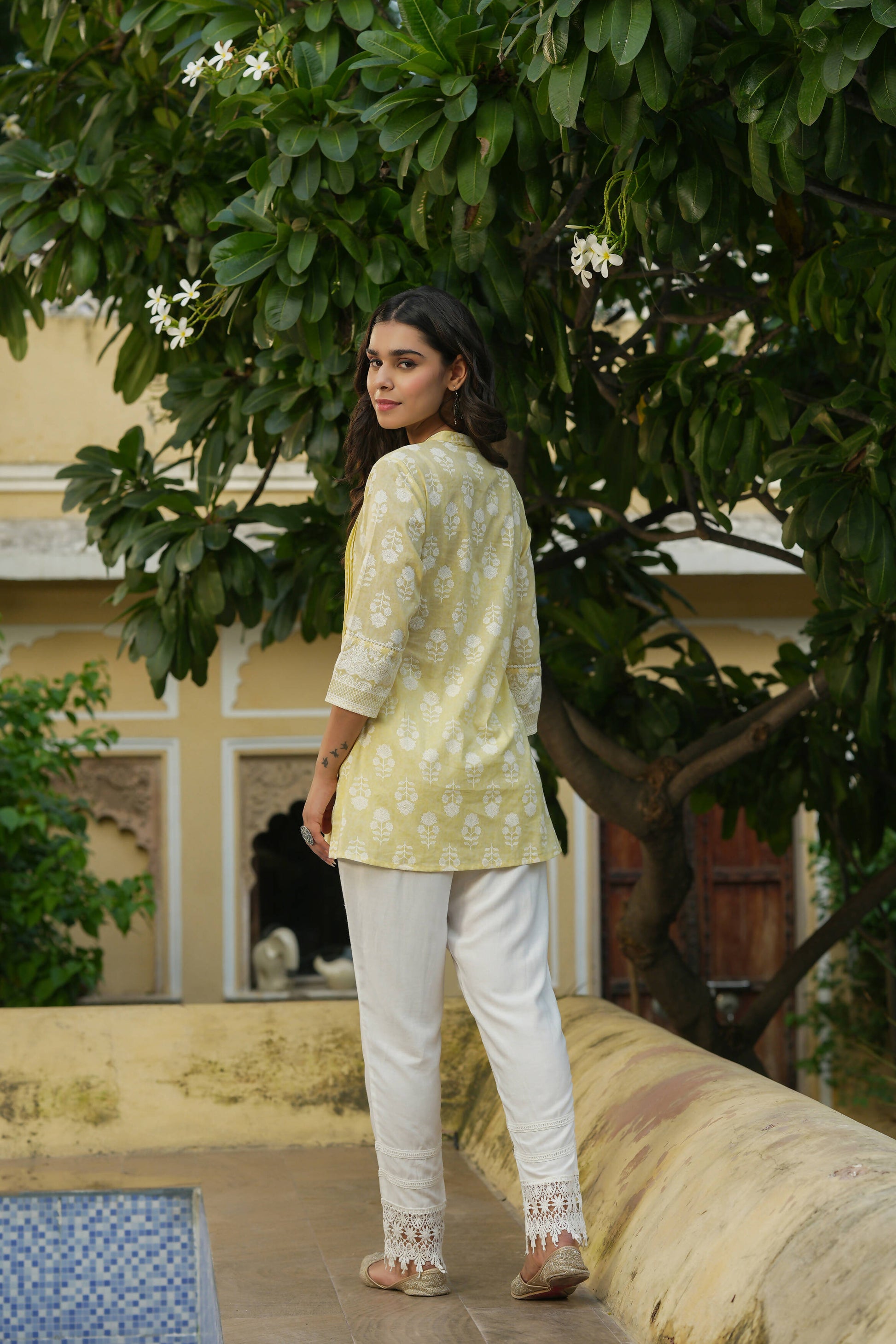 Juniper Women's Yellow Cambric Placement Floral Printed Tunic - Distacart