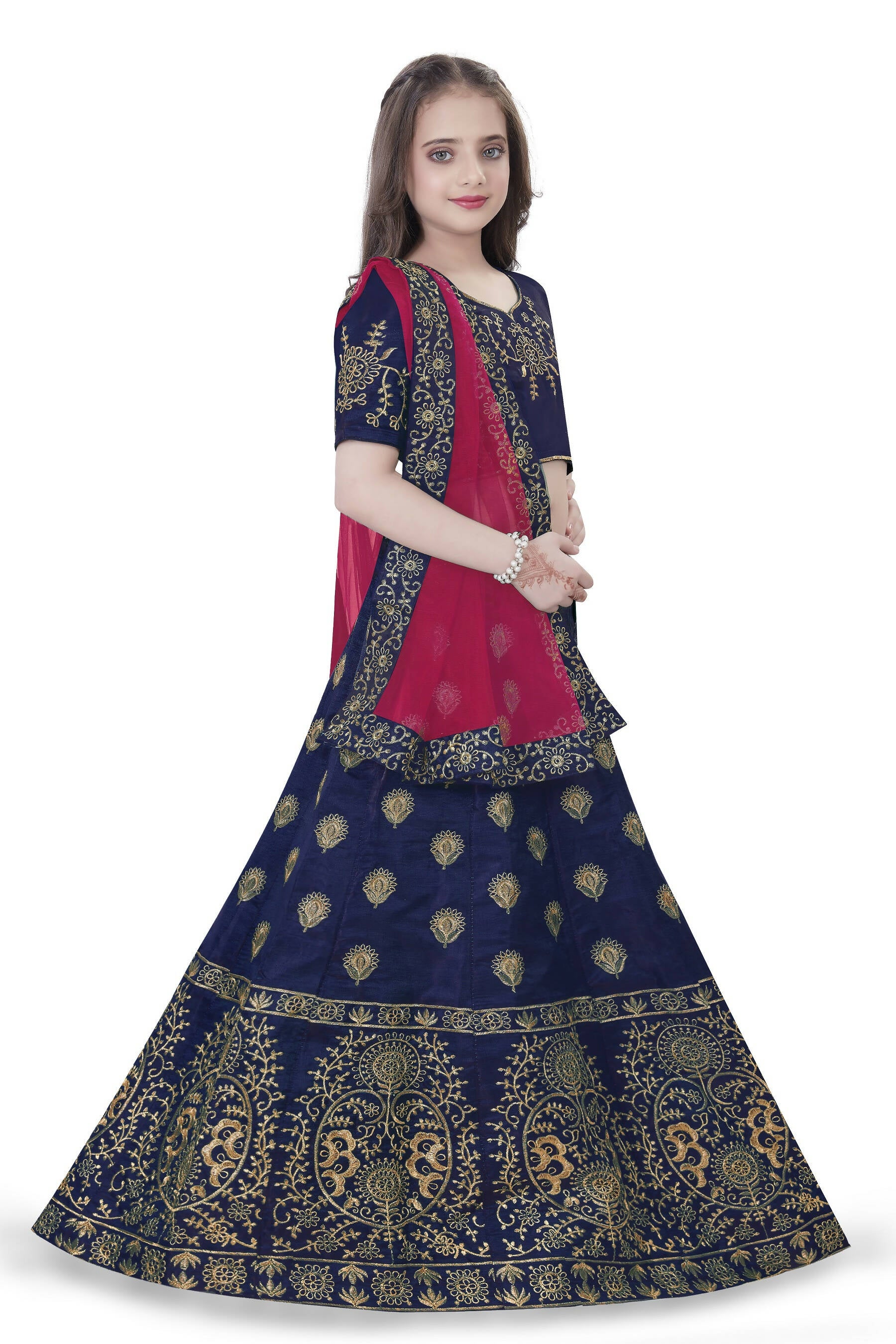Dwiden Navy Blue Gulab Tafetta Sattin Semi-Stitched Girl's Lehenga Choli - Distacart
