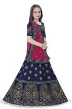 Thumbnail for Dwiden Navy Blue Gulab Tafetta Sattin Semi-Stitched Girl's Lehenga Choli - Distacart