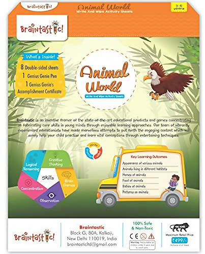Braintastic Educational Game (3-6 yrs):Animal World / Kids Toys/Write & Wipe Activity Sheets/ Free 12 pc Puzzles - Distacart