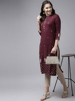 Thumbnail for Yufta Women Maroon Ethnic Motifs Embroidered Kurta