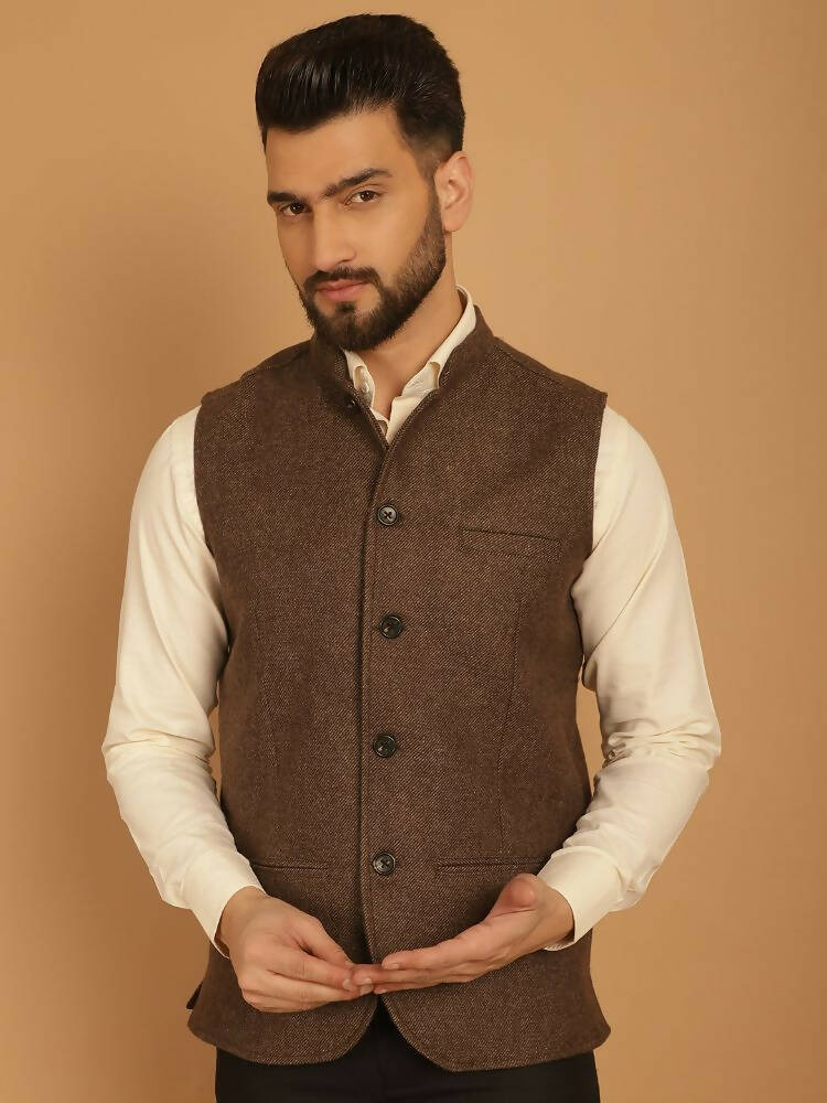 Even Apparels Pure Wool Nehru Jacket - Brown - Distacart
