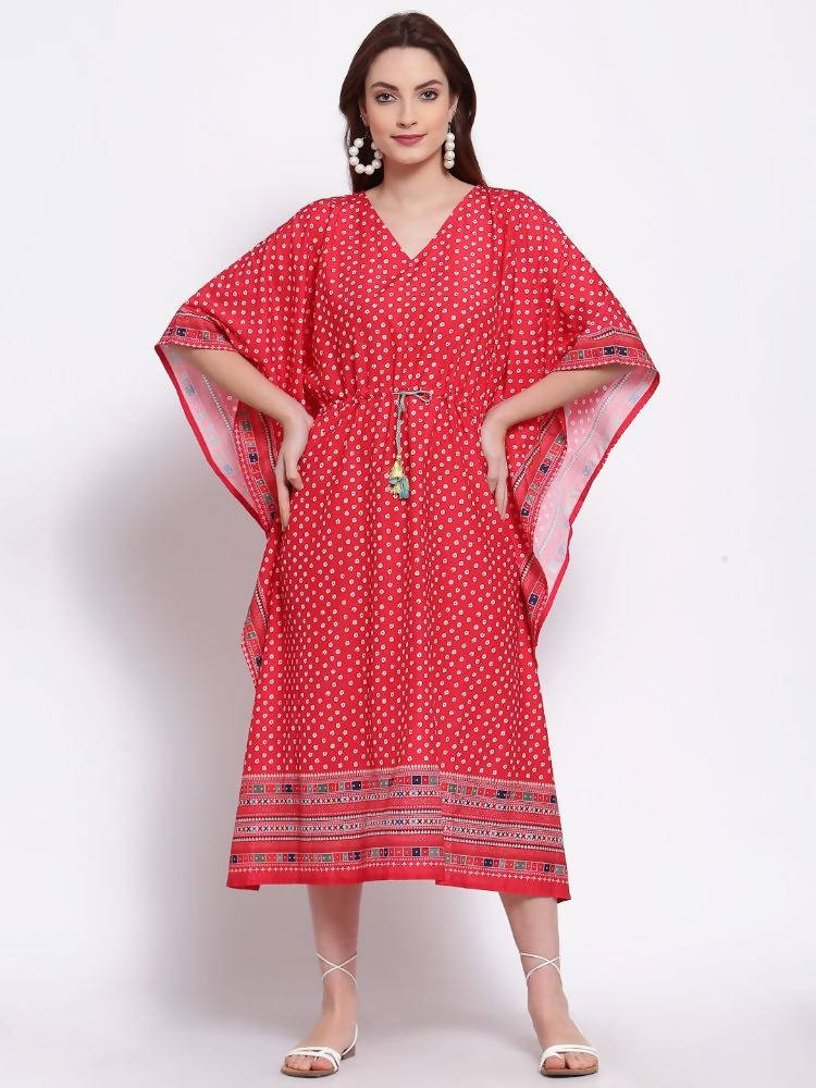 Myshka Women&#39;s Red Printed Cotton Blend 3/4 Sleeve V Neck Casual Dress