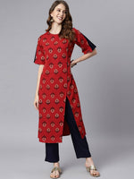Thumbnail for Janasya Maroon & Navy Blue Ethnic Motifs Printed Kurta with Trousers - Distacart