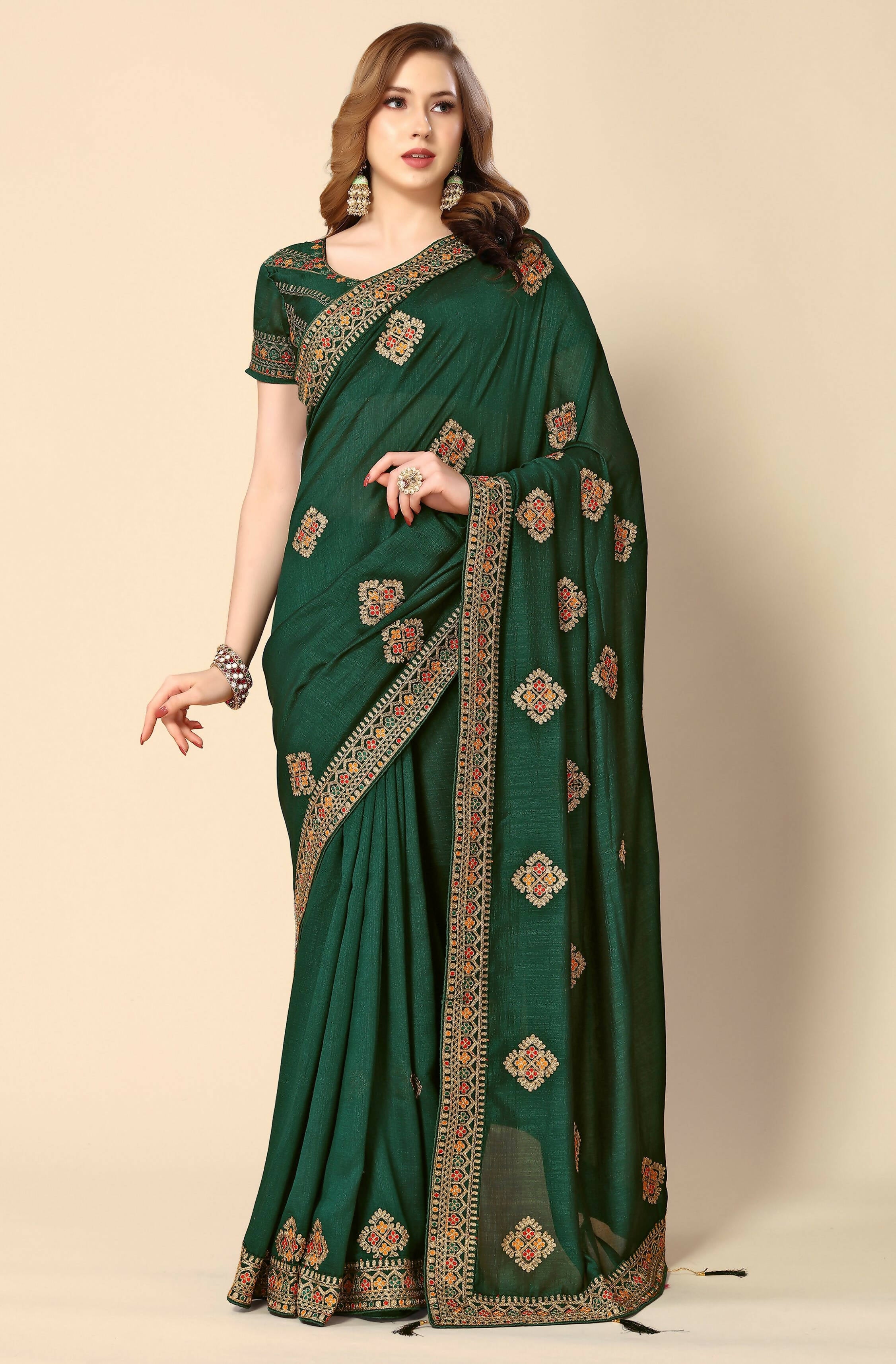 Green Chinon Embroidered Saree with Unstitched Blouse Piece - Roozal - Distacart