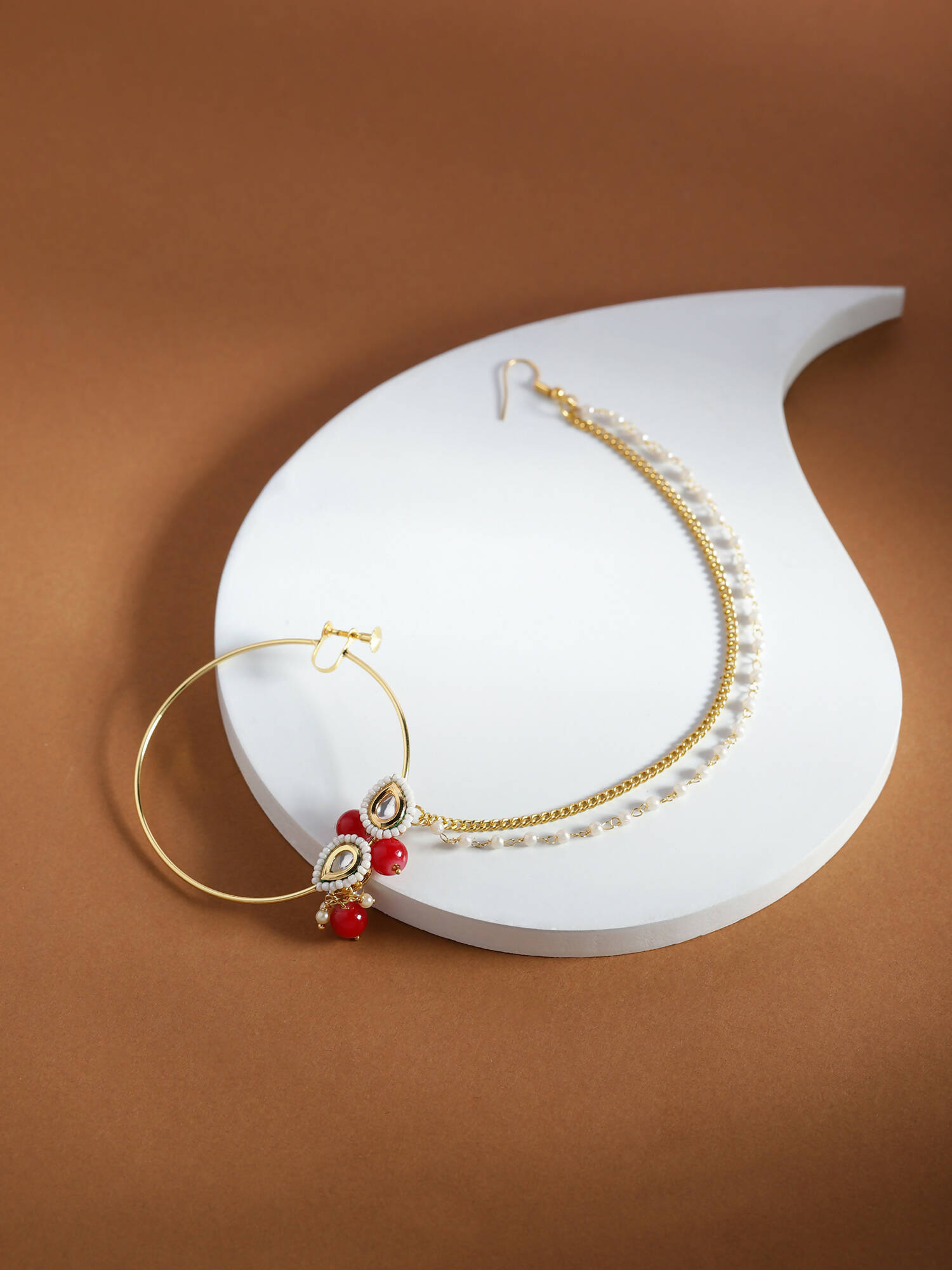 Gold-Pleated Red White Kundan Studded Beaded Nosepin - Ruby Raang - Distacart