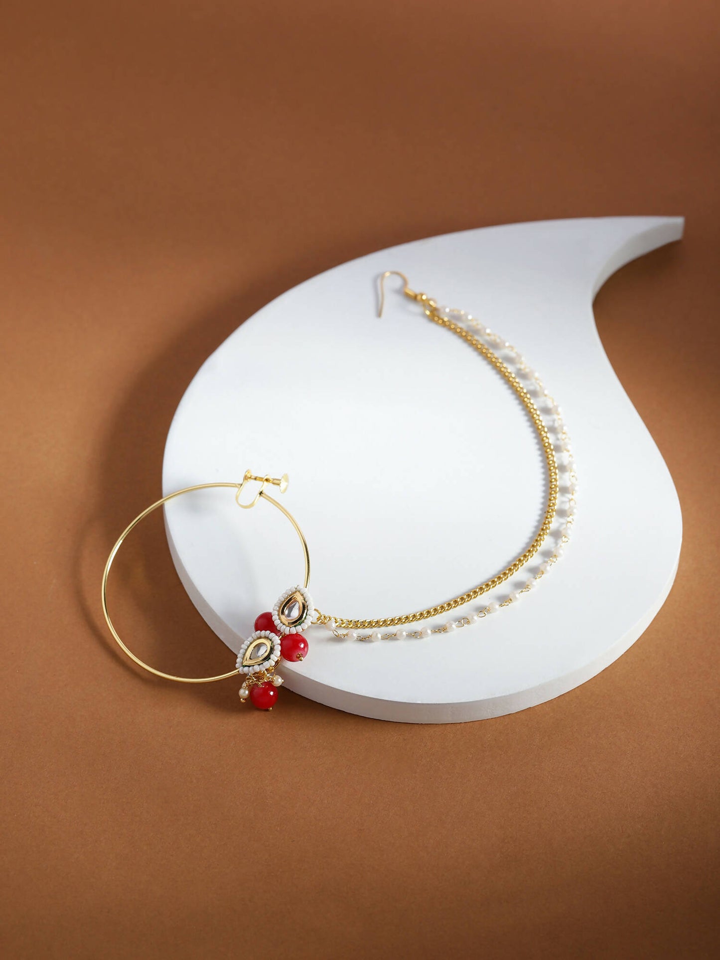 Gold-Pleated Red White Kundan Studded Beaded Nosepin - Ruby Raang - Distacart