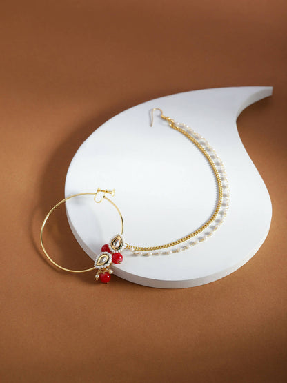 Gold-Pleated Red White Kundan Studded Beaded Nosepin - Ruby Raang - Distacart