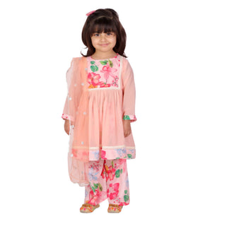 Little Bansi Peach Color Rose print Kurta Frock with Floral Plazzo and Dupatta