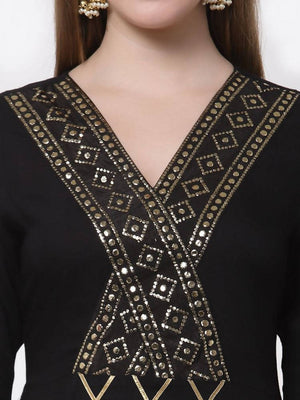 Myshka Black Color Rayon Embroidered 3/4 Sleeve Kurta With Dupatta Set