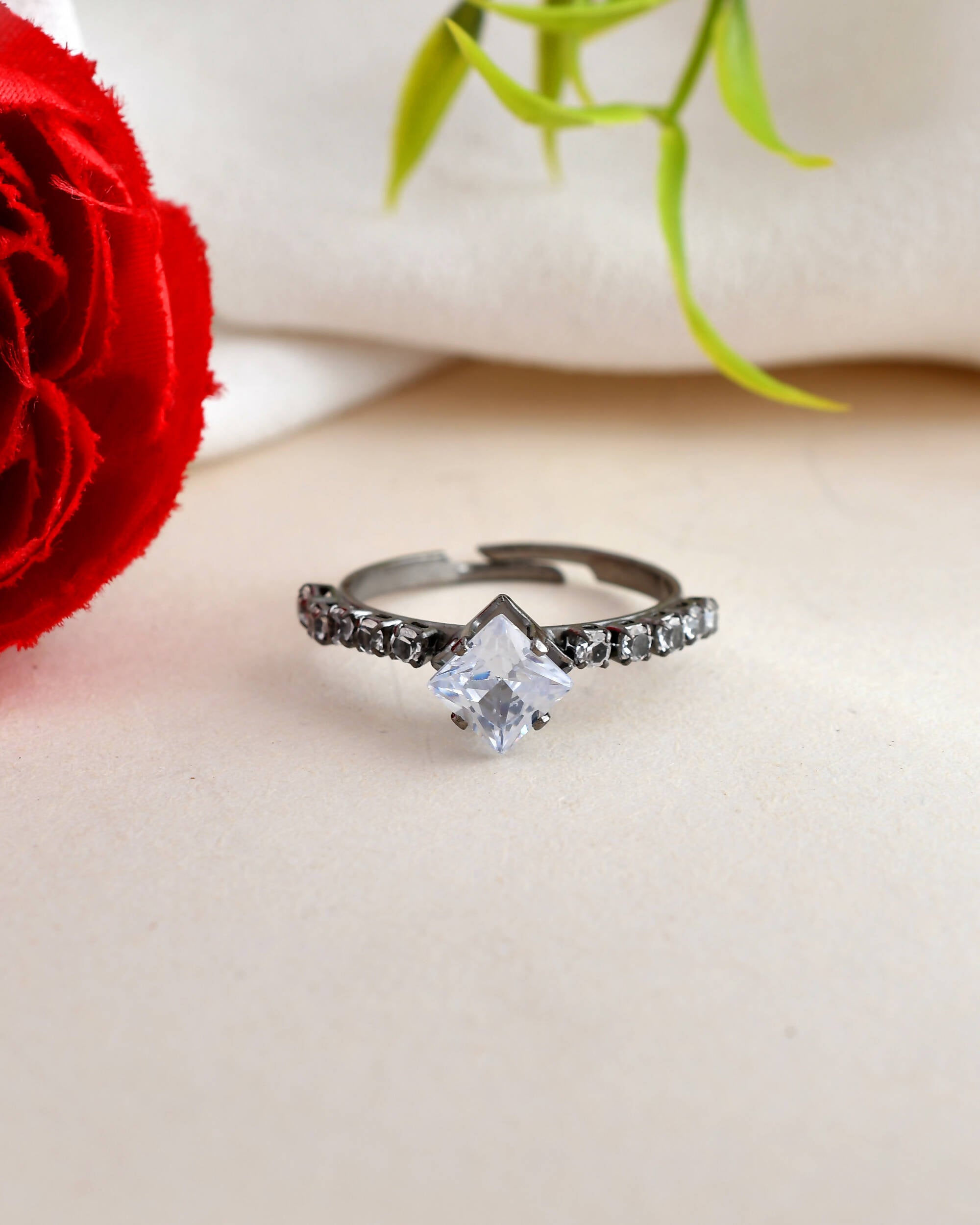 VOJ white CZ-detail Stainless Steel Cubic Zirconia Rhodium Plated Adjustable Finger Ring - Distacart