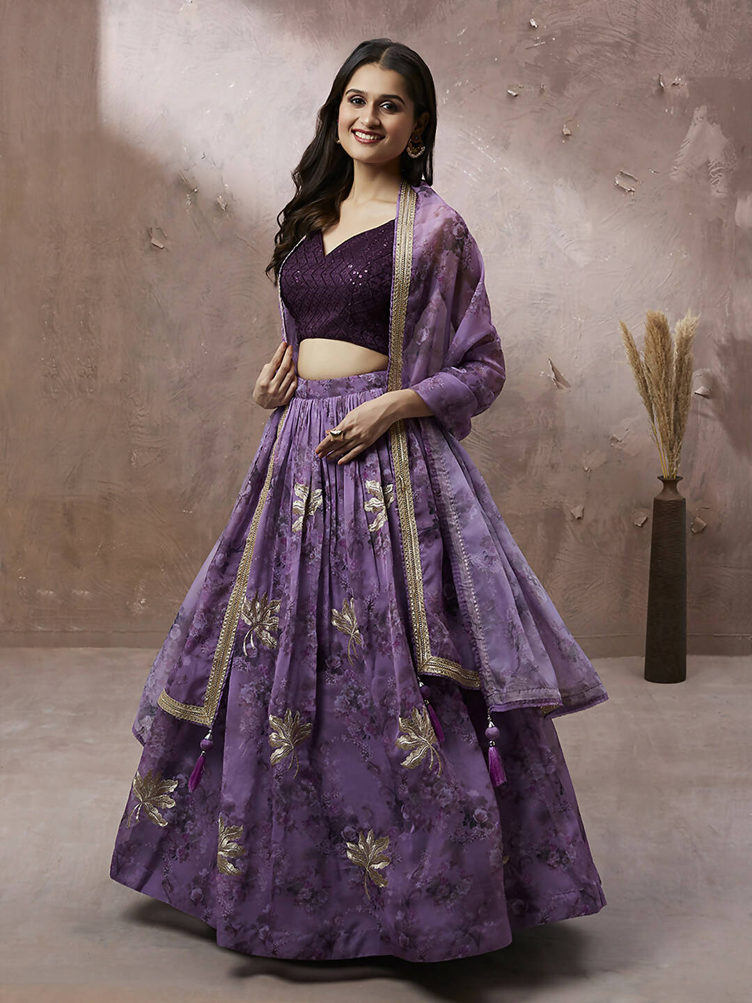 House of Panchhi Lavender Organza Floral Printed Lehenga choli & Dupatta - Distacart