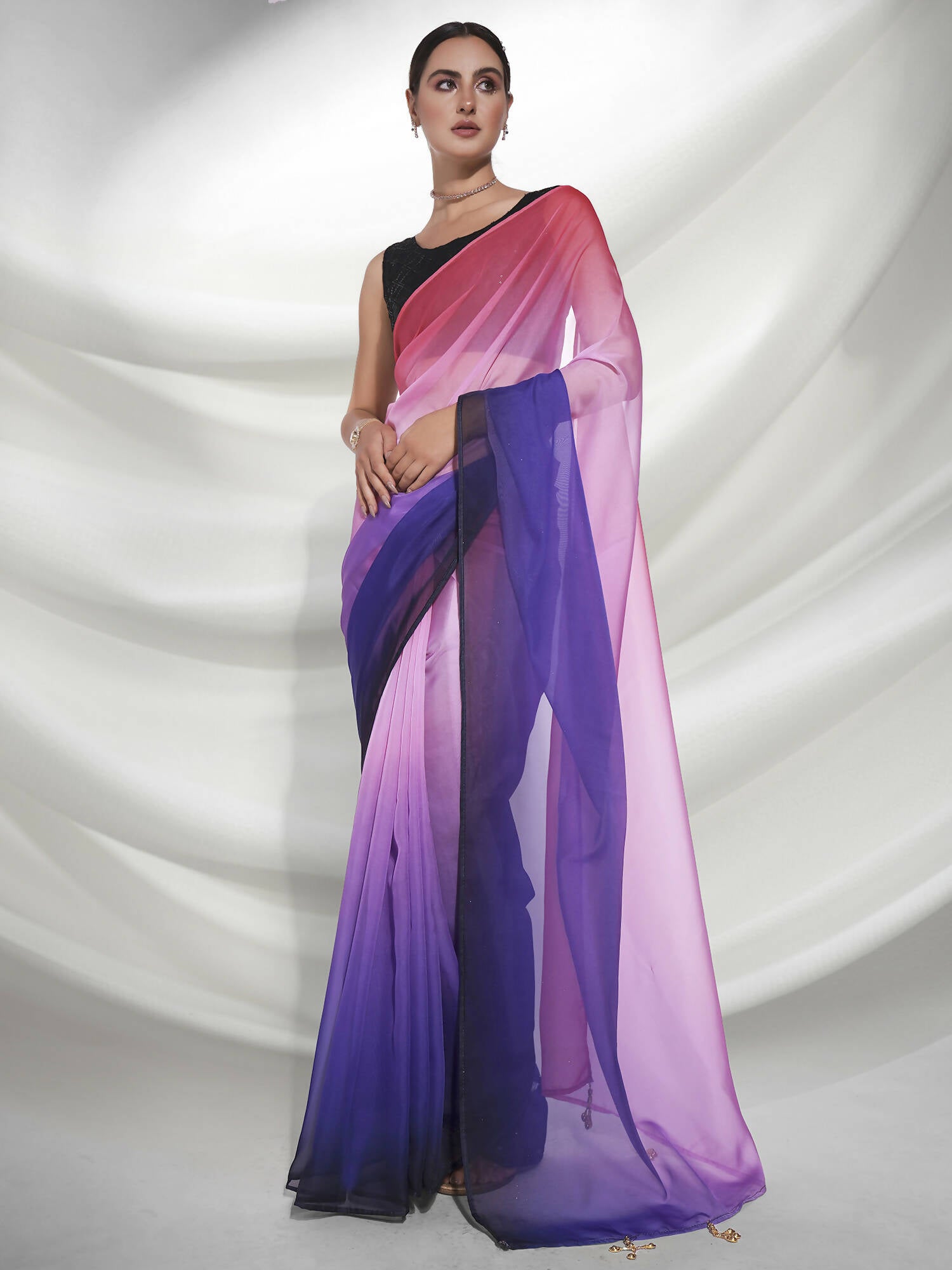 Purple Organza Solid Saree With Unstitched Blouse Piece - Shanaya - Distacart