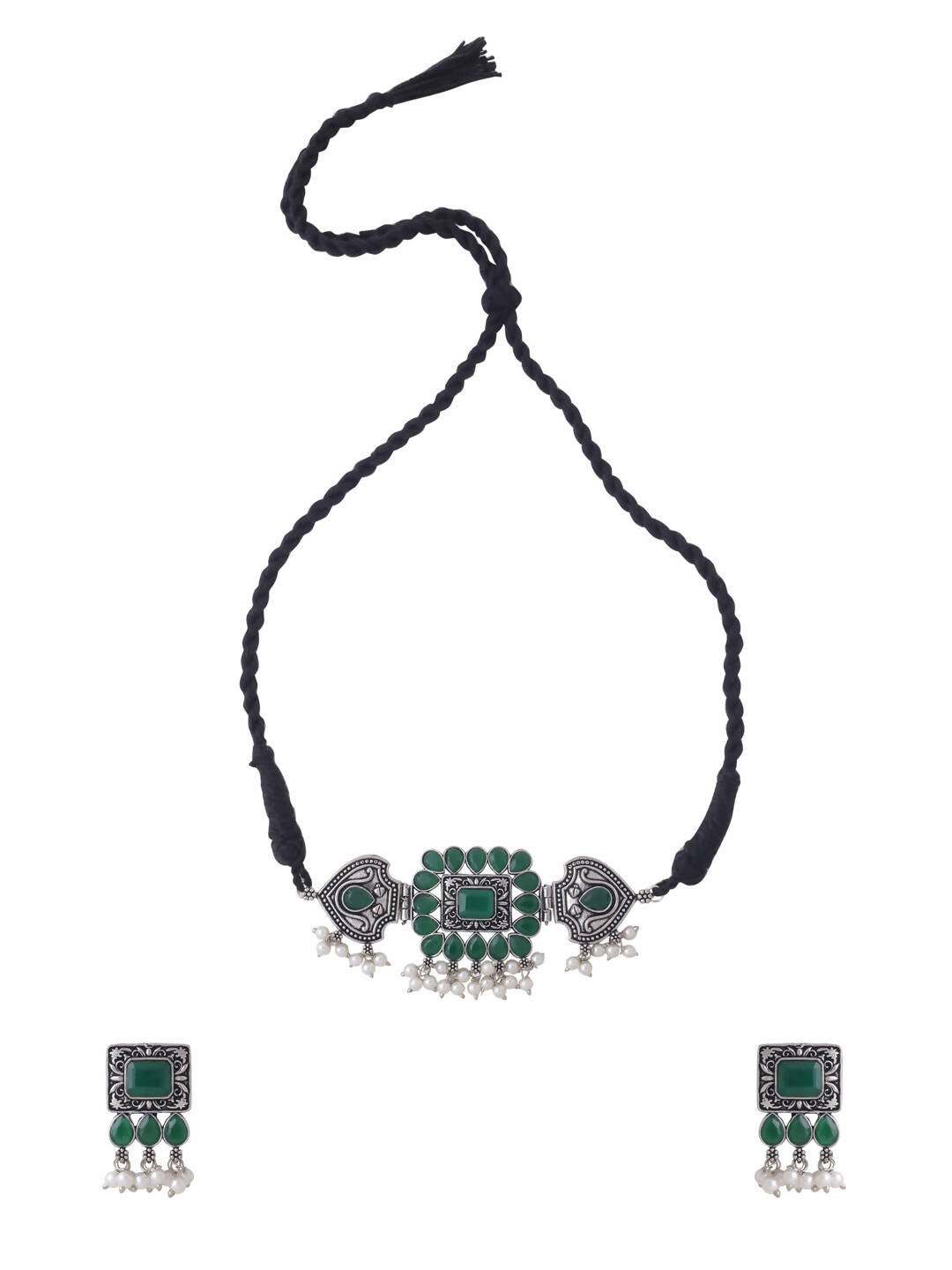 NVR Women's Oxidised Silver Plated Green Color Stone Jewellery Set With Earrings - Distacart