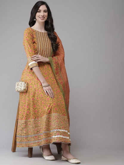Yufta Yellow Printed kurta with Trouser Dupatta Set
