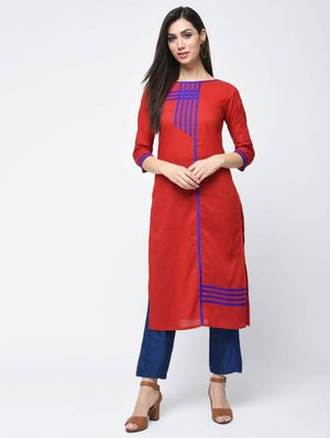 Aniyah Cotton Red Color Straight Kurta With Patchwork (AN-108K)