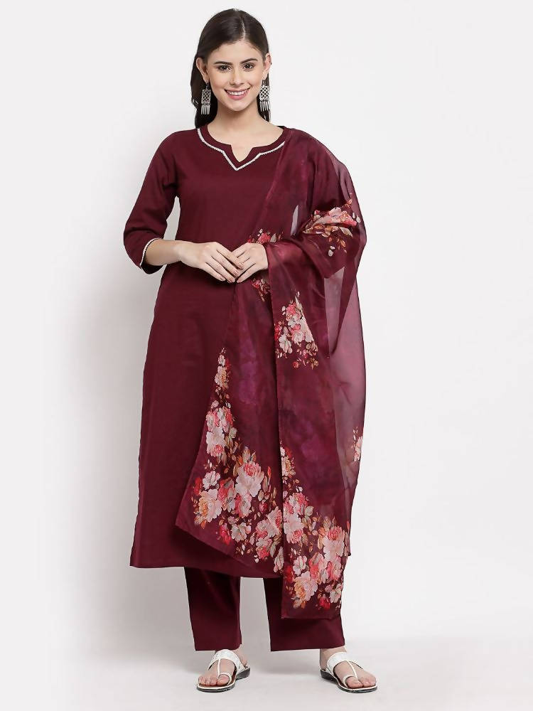 Myshka Women's Burgundy Cotton Solid 3/4 Sleeve Square Neck Casual Kurta Pant Dupatta Set
