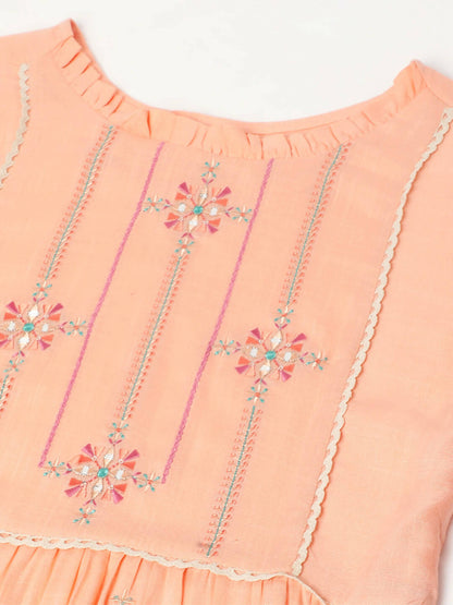 Peach Poly Cotton Yoke Embroidered A-line Top - Tarini - Distacart
