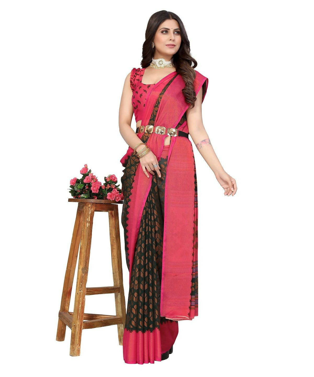 Vamika Green Chiffon Brasso Bollywood Style Woven Saree (ALIZA GREEN) - Distacart