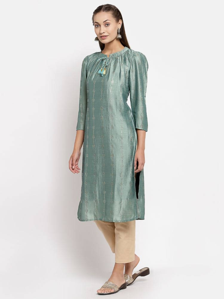 Myshka Women's Green Silk Solid Full Sleeve Round Neck Casual Kurta