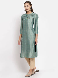 Thumbnail for Myshka Women's Green Silk Solid Full Sleeve Round Neck Casual Kurta
