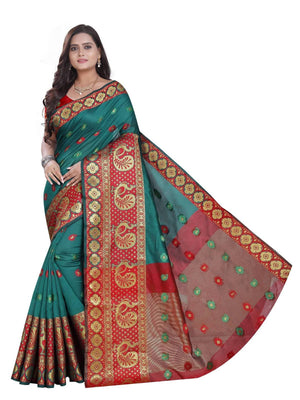 Vamika Banarasi Cotton Silk Rama Green Weaving Saree