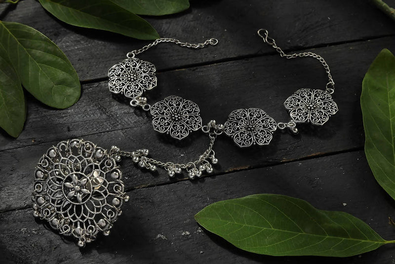 Mominos Fashion Kamal Johar Oxidised Silver-Plated Floral Bracelet