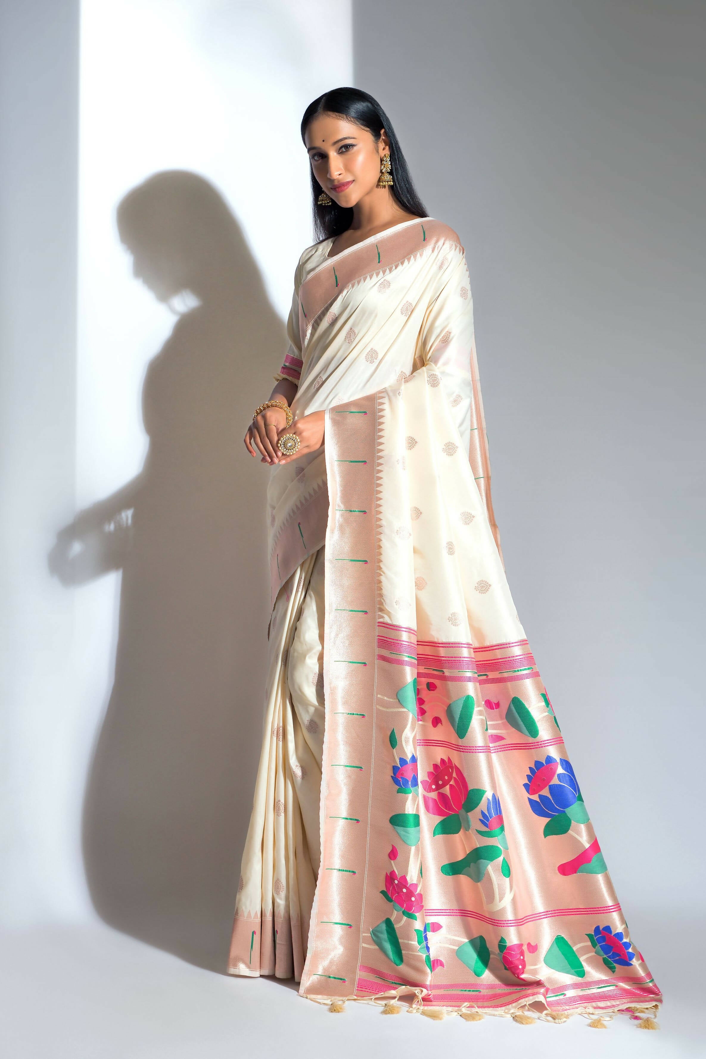Vishnu Weaves Women's Off White Paithani Silk Zari Woven Saree with Unstitched Blouse - Distacart