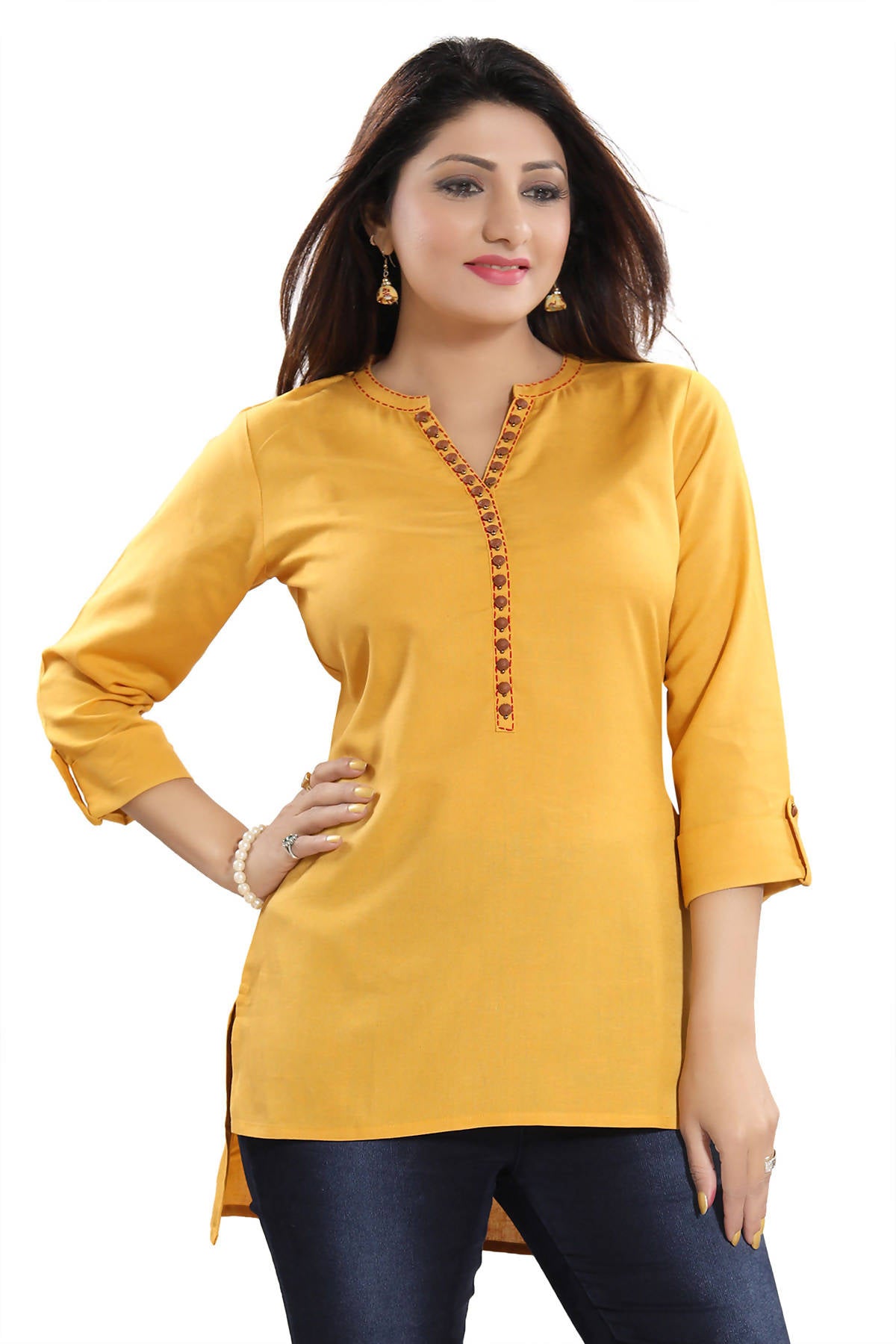 Snehal Creations Desirable Mustard Rayon Cotton Hi-Low Short Kurti Top - Distacart