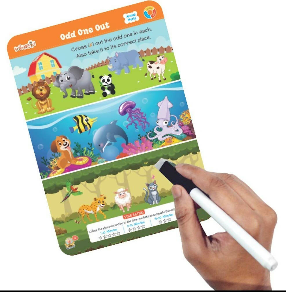 Braintastic Educational Game (3-6 yrs):Animal World / Kids Toys/Write & Wipe Activity Sheets/ Free 12 pc Puzzles - Distacart