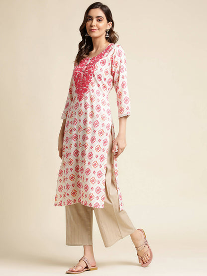 Pink Poly Rayon Aztec Printed Straight Fit Kurta - Prasuti - Distacart