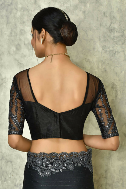 Black Silk Solid Designer Saree with Blouse - Purvi - Distacart
