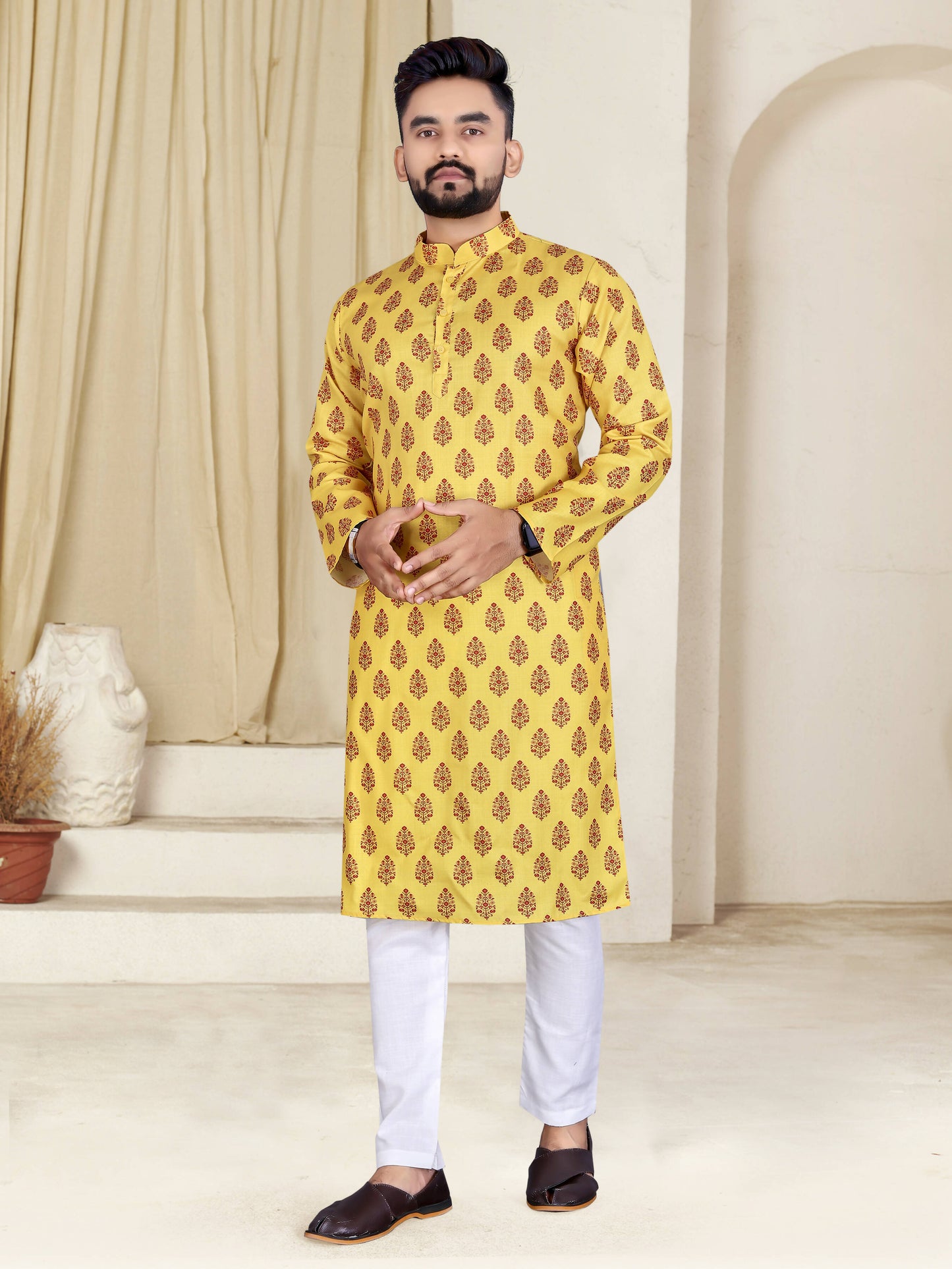 Mens Yellow Cotton Printed Kurta - Mahotsav - Distacart